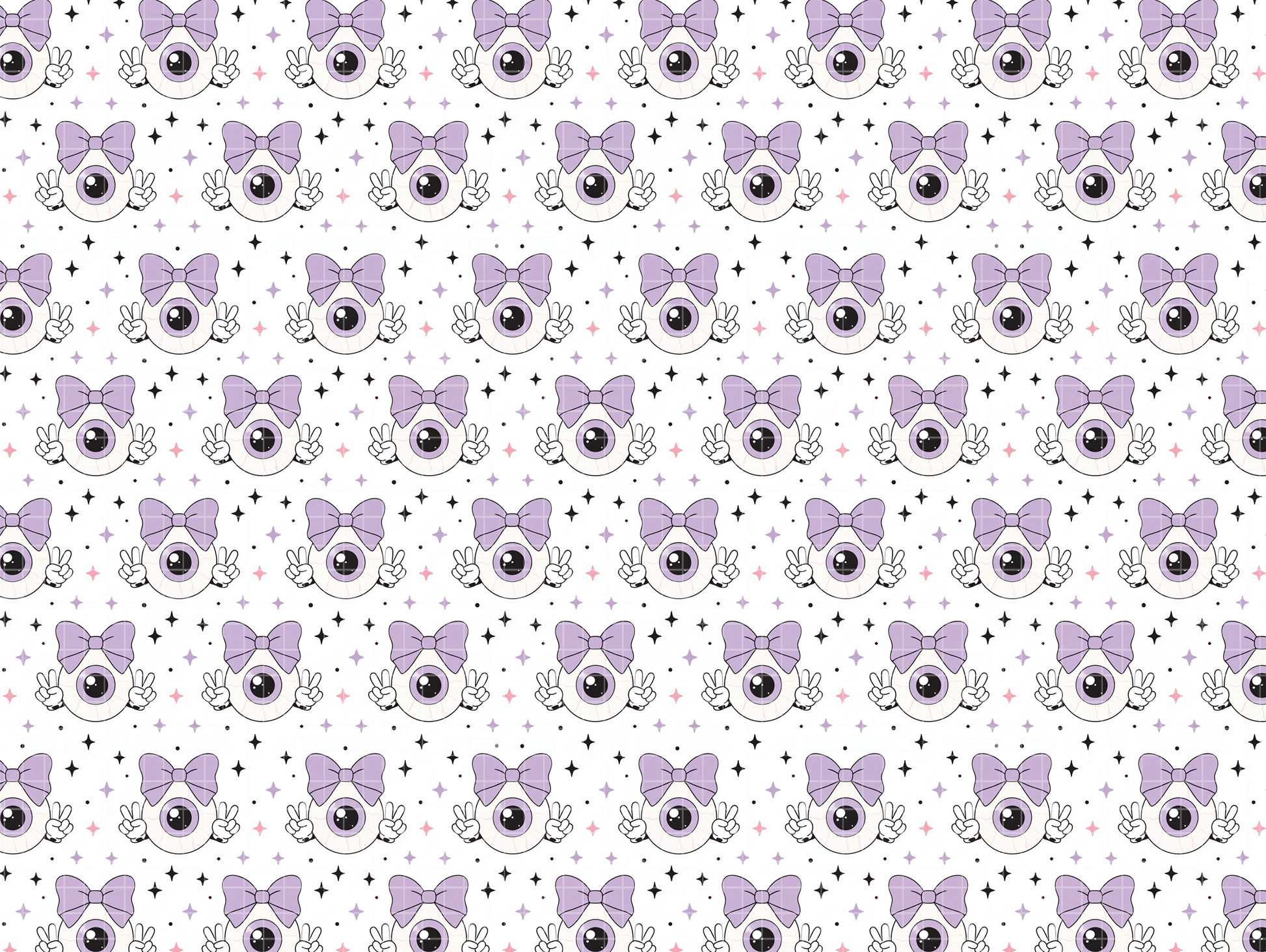 Seamless pattern featuring a cute cartoon eyeball with a pastel purple bow making peace signs, surrounded by stars on a white background. Pastel goth aesthetic.