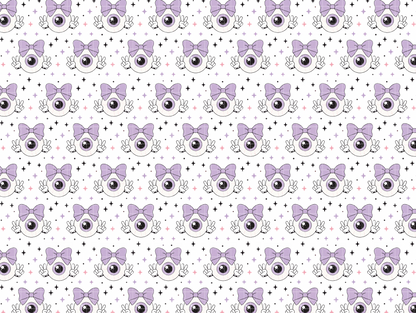 Seamless pattern featuring a cute cartoon eyeball with a pastel purple bow making peace signs, surrounded by stars on a white background. Pastel goth aesthetic.