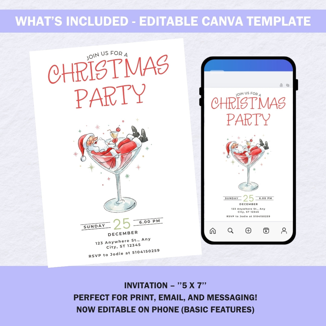 Editable Christmas Party Invitation – Santa in a Cocktail Glass