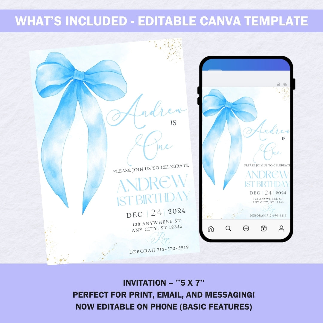 Editable Blue Bow Invitation | Canva Template | Baby Shower & Birthday Invite