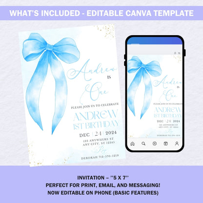 Editable Blue Bow Invitation | Canva Template | Baby Shower & Birthday Invite