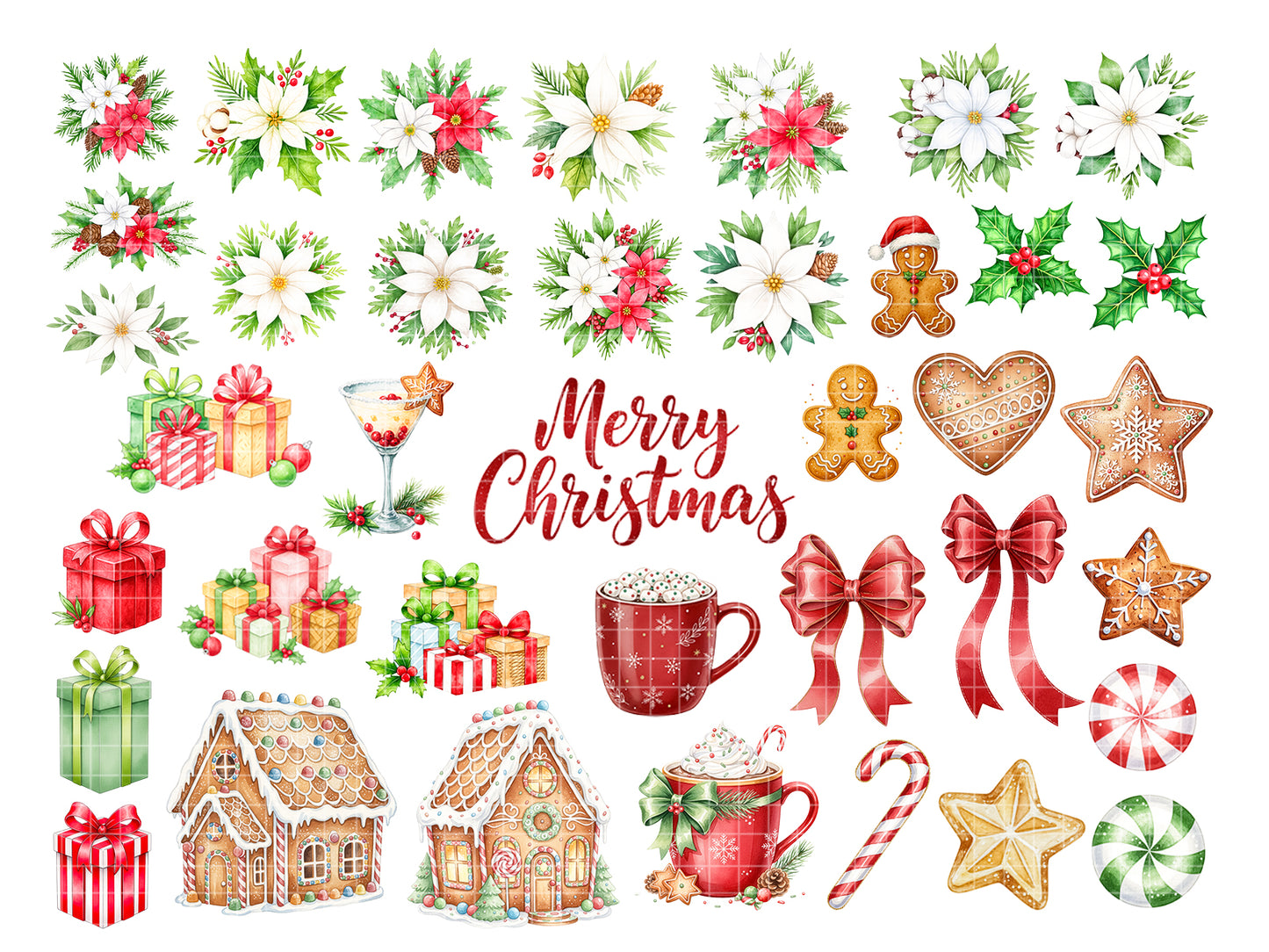 Watercolor Christmas Clipart Set | Holiday PNG Bundle | Gingerbread & Floral Elements