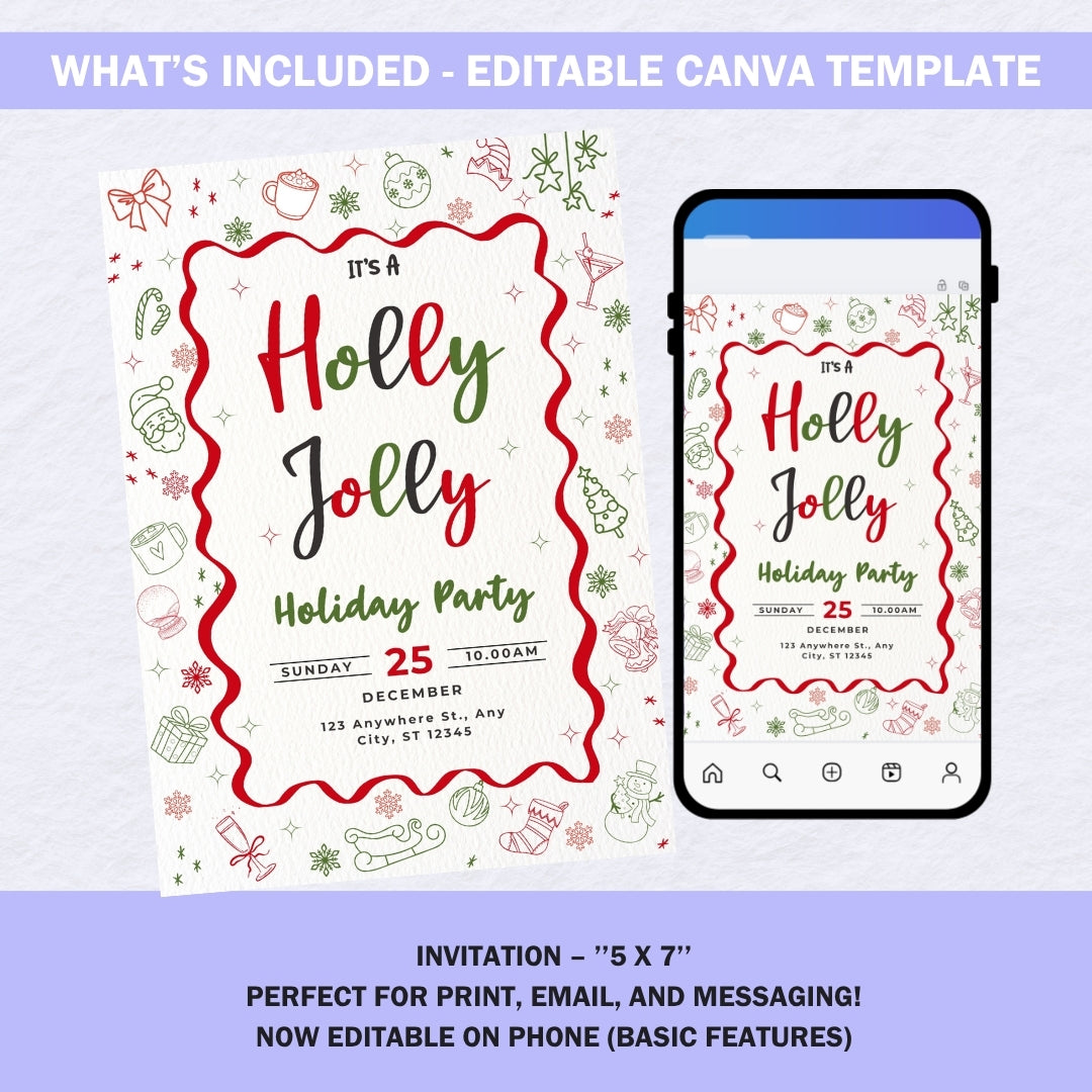 Holly Jolly Holiday Party Invitation | Editable Canva Template | Christmas Invitation