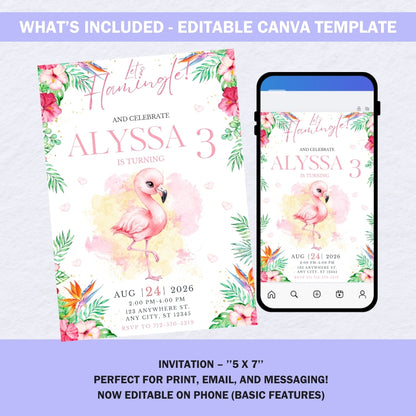 Let's Flamingle Birthday Invitation Template, Tropical Flamingo Party Invite for Girls, Editable Canva Download