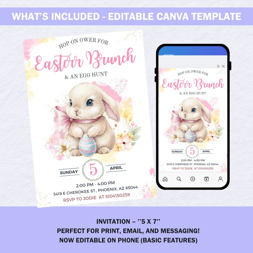 Information graphic showing the invitation is editable on mobile, tablet, and computer using Canva.