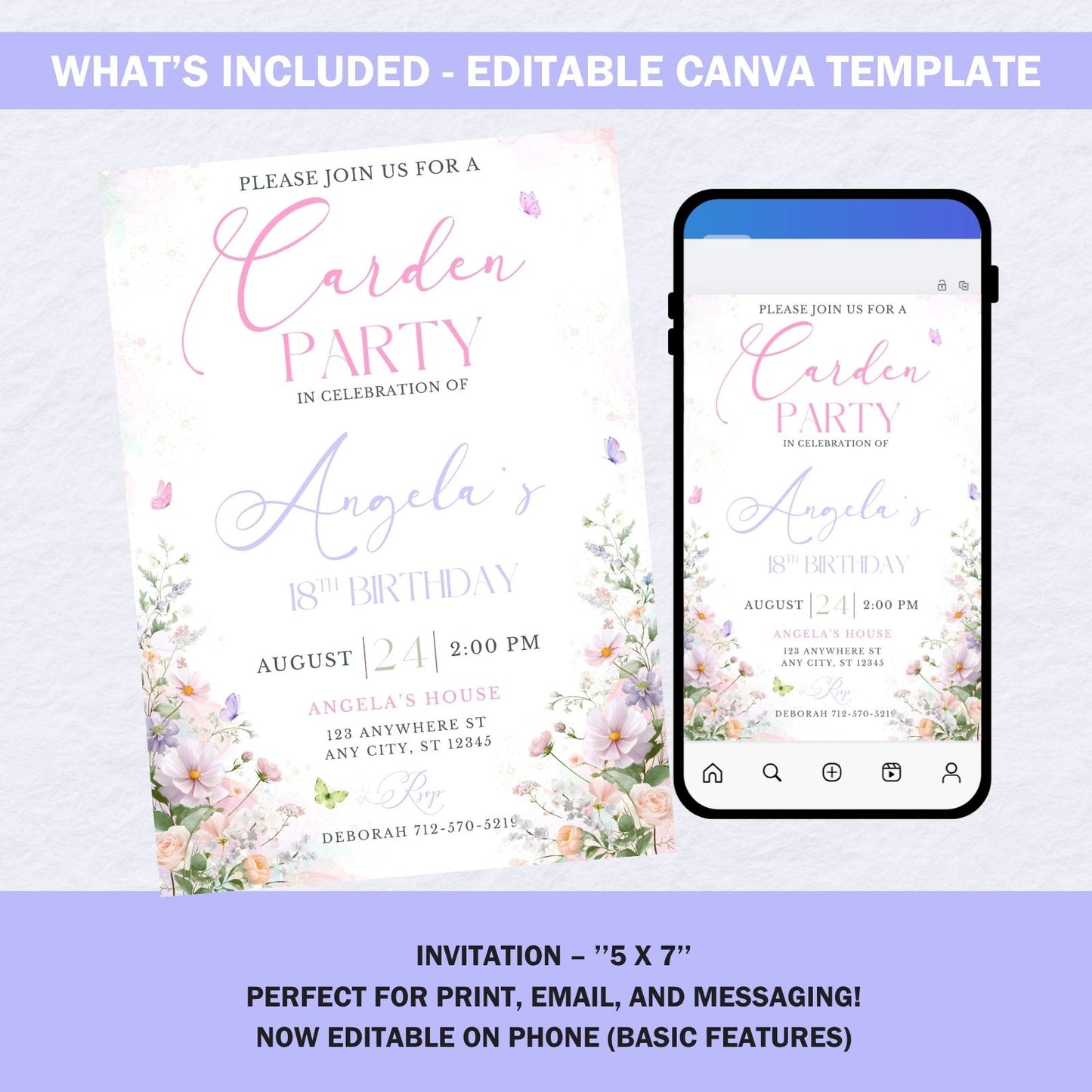 Mobile editable birthday invitation mockup showing floral design on smartphone screen.