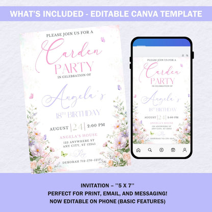Mobile editable birthday invitation mockup showing floral design on smartphone screen.