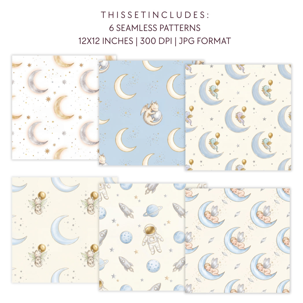 Watercolor baby dragon and crescent moon seamless patterns. Celestial nursery digital paper by FineByStudio.