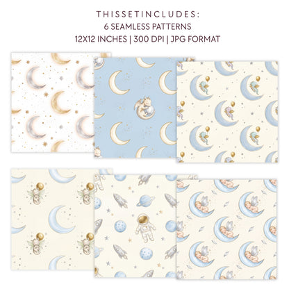 Watercolor baby dragon and crescent moon seamless patterns. Celestial nursery digital paper by FineByStudio.