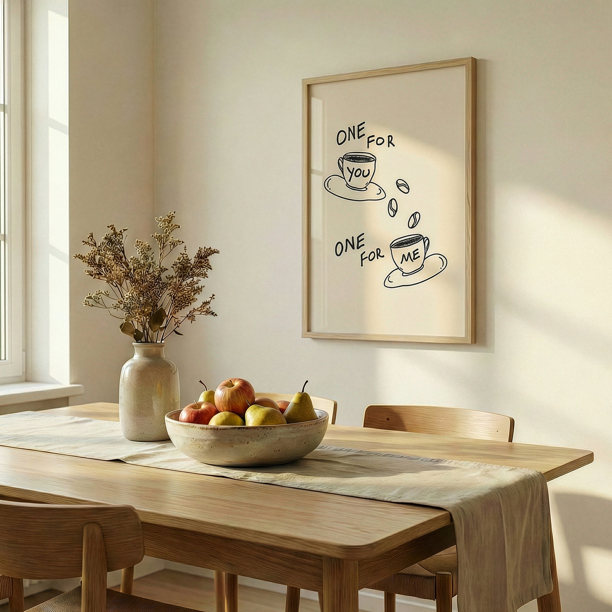 Aesthetic coffee bar decor idea, framed hand drawn coffee art print in a modern neutral kitchen setting