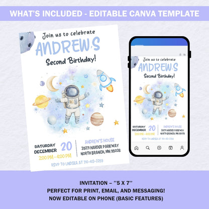 Outer Space Birthday Invitation Boy, Watercolor Astronaut Party Invite, Galaxy Solar System, Editable 5x7 Canva Card