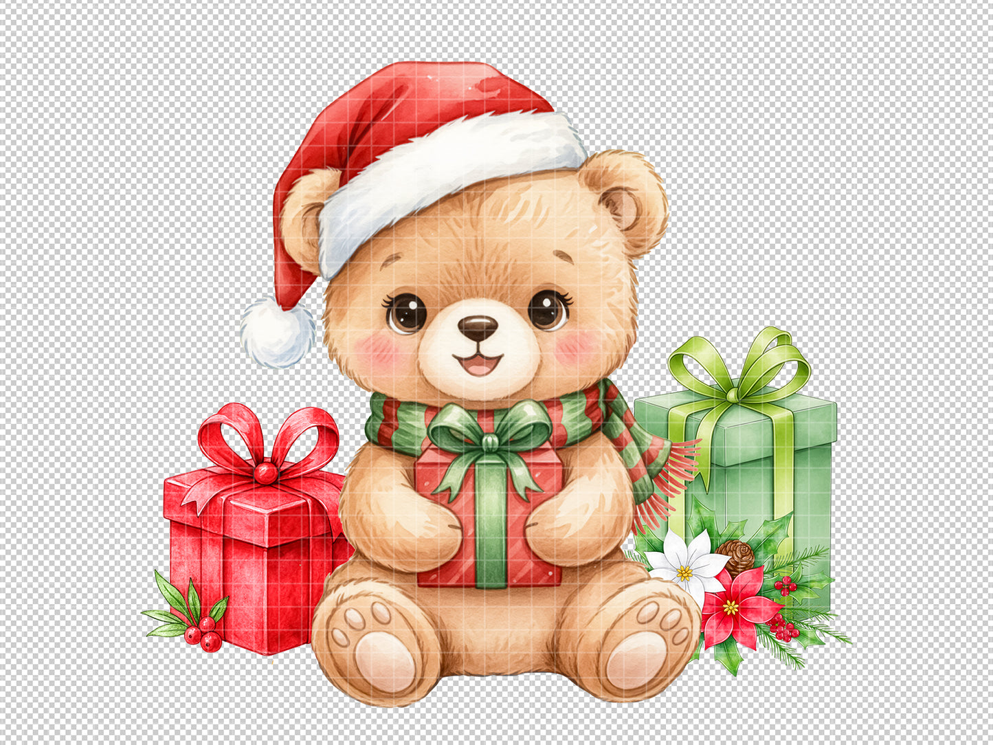 Watercolor Christmas Teddy Bear Clipart — Santa Bear, Holiday Illustration