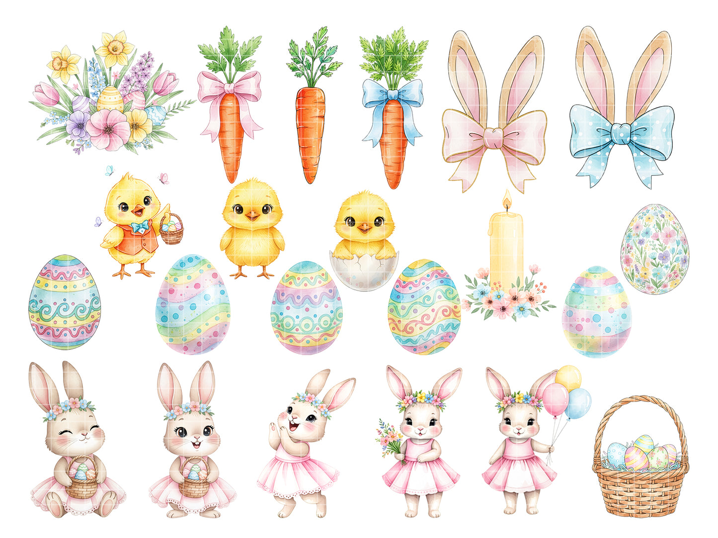 Easter Watercolor Clipart Set | Cute Bunnies, Chicks & Eggs PNG | Spring Digital Art
