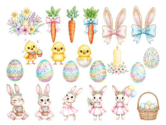 Easter Watercolor Clipart Set | Cute Bunnies, Chicks & Eggs PNG | Spring Digital Art