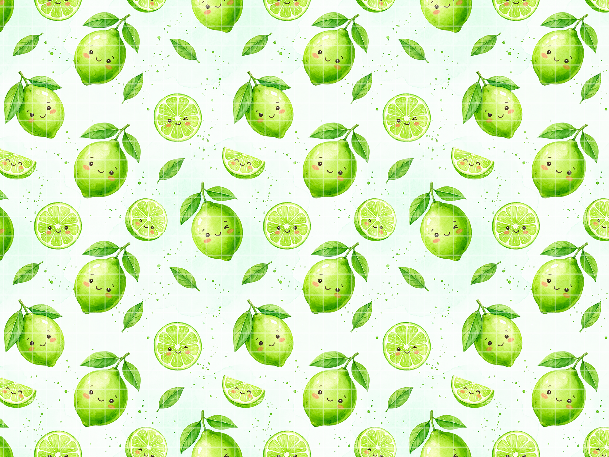 Seamless watercolor pattern featuring cute kawaii green limes with smiling faces, citrus slices, and leaves on a light background.