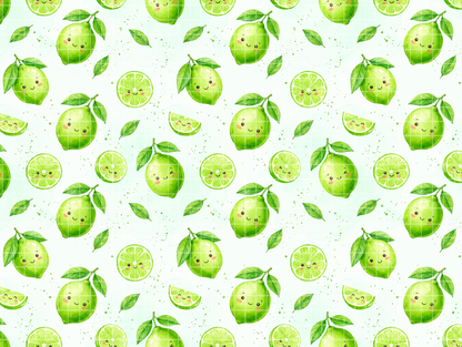 Seamless watercolor pattern featuring cute kawaii green limes with smiling faces, citrus slices, and leaves on a light background.
