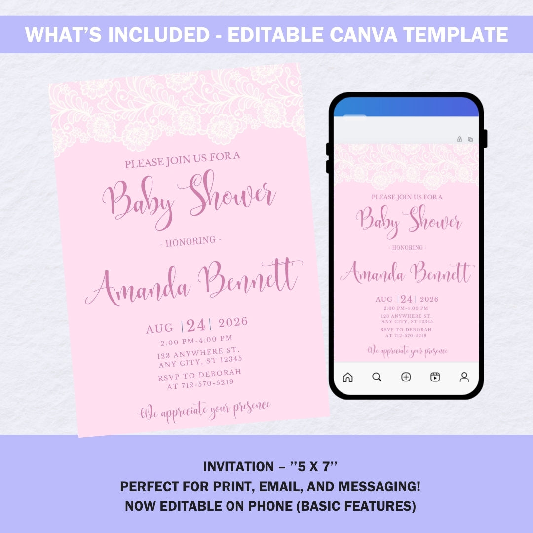 Editable baby shower invitation template displayed on a laptop, tablet, and mobile phone, showing Canva compatibility.