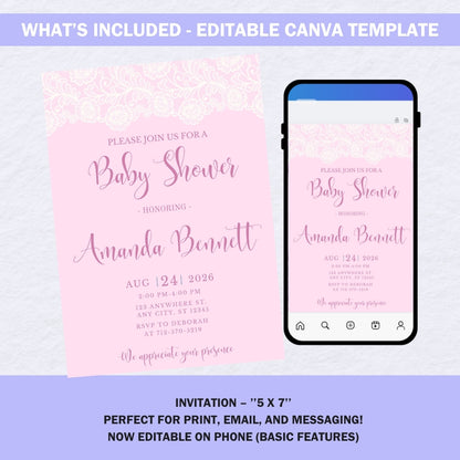Editable baby shower invitation template displayed on a laptop, tablet, and mobile phone, showing Canva compatibility.