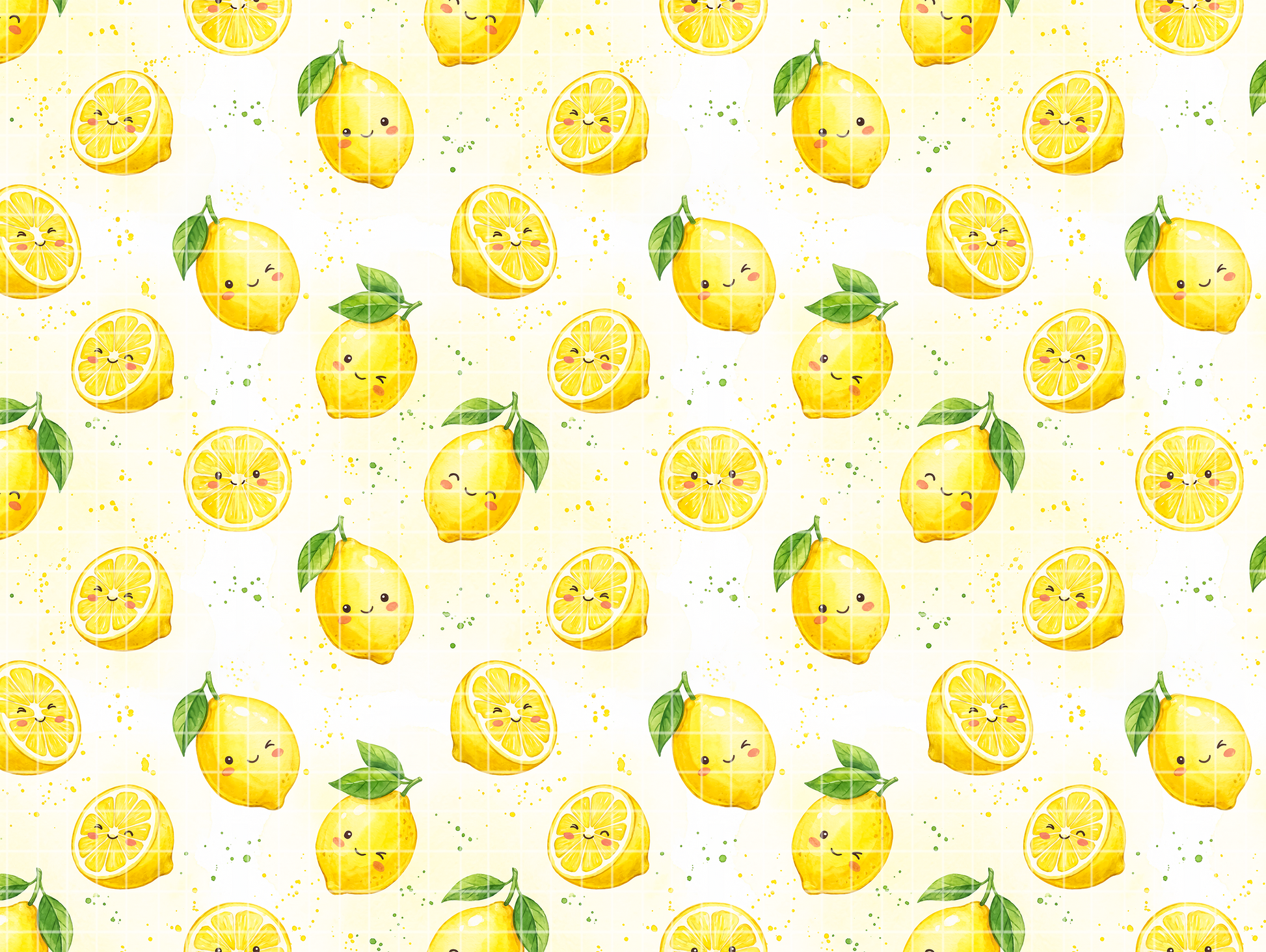Seamless watercolor pattern featuring cute kawaii yellow lemons with smiling faces and fresh citrus slices on a light background.