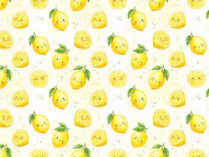 Seamless watercolor pattern featuring cute kawaii yellow lemons with smiling faces and fresh citrus slices on a light background.