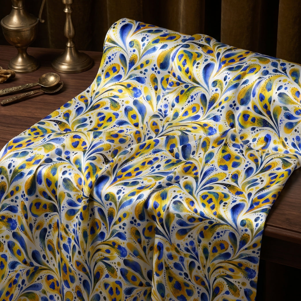 Azure and gold one-of-a-kind watercolor botanical pattern with expressive blue and yellow leaves on a white background