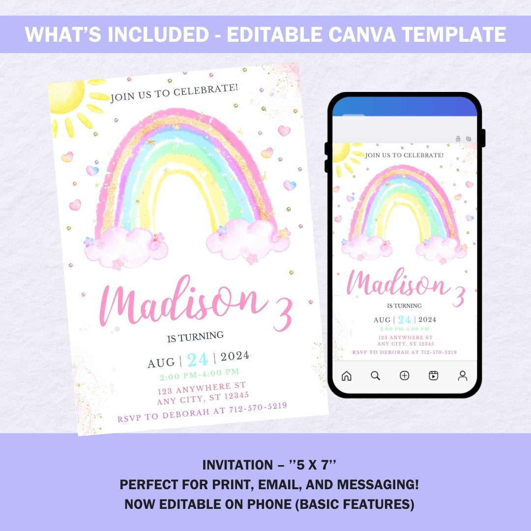 Editable rainbow invitation displayed on a mobile phone screen mockup.
