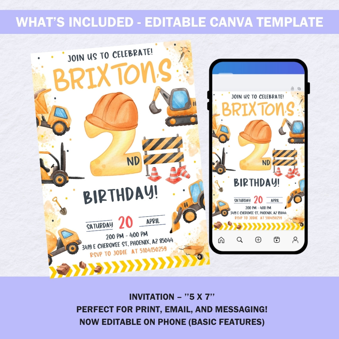 Details of the digital download construction invitation template, showing smartphone mockup and editing features in Canva.