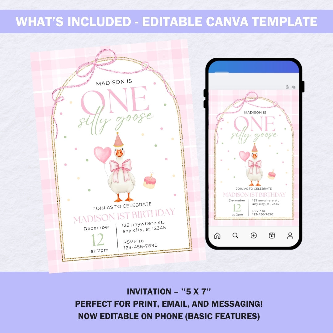 Silly Goose Birthday Invitation – Editable Canva Template | Pink Girls 1st Birthday Invite