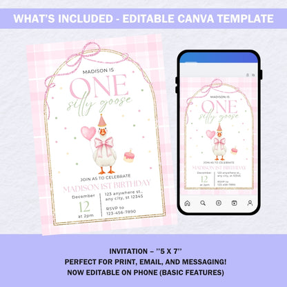 Silly Goose Birthday Invitation – Editable Canva Template | Pink Girls 1st Birthday Invite