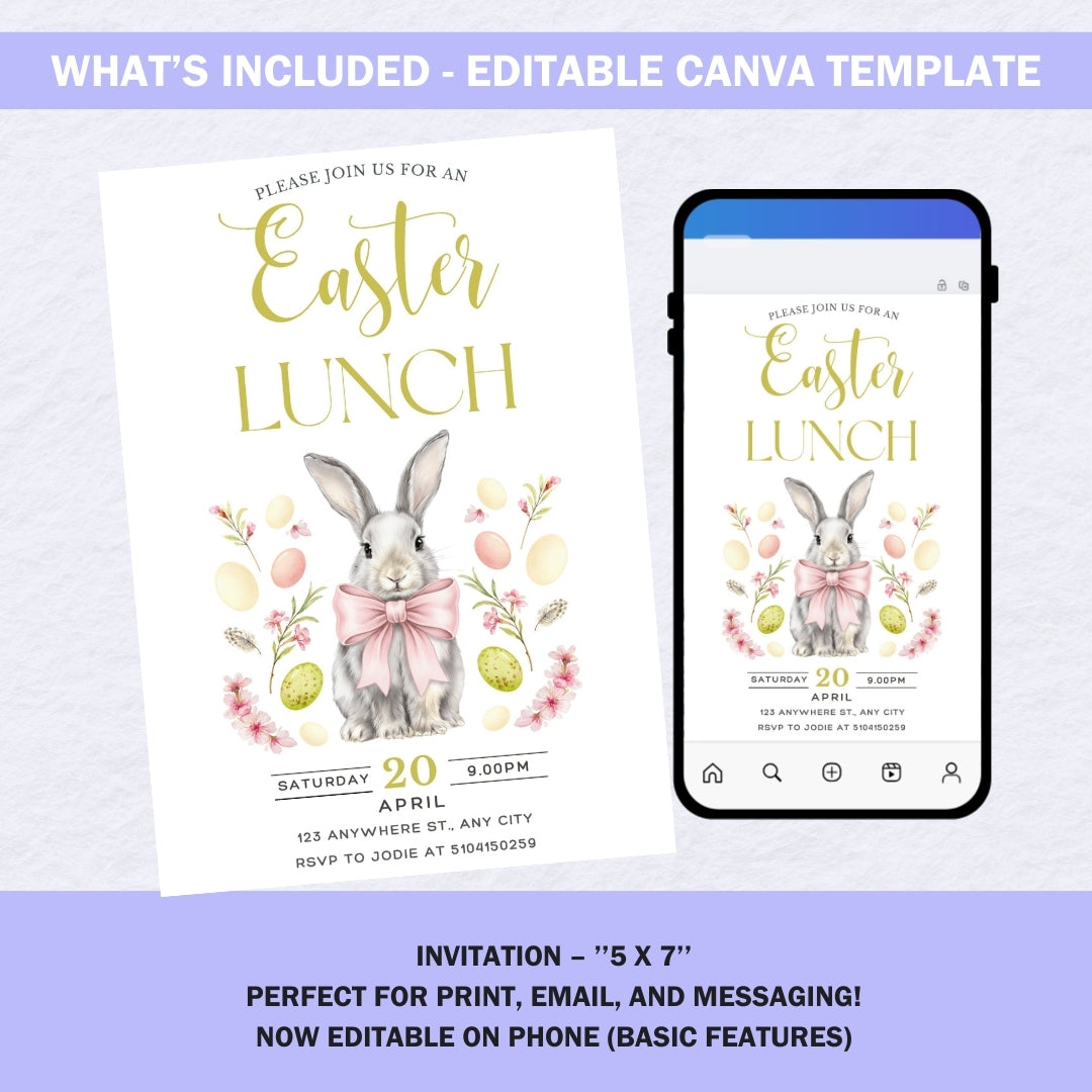 A smartphone screen showing how to edit the pink bow bunny invitation in the Canva app.