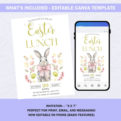 A smartphone screen showing how to edit the pink bow bunny invitation in the Canva app.