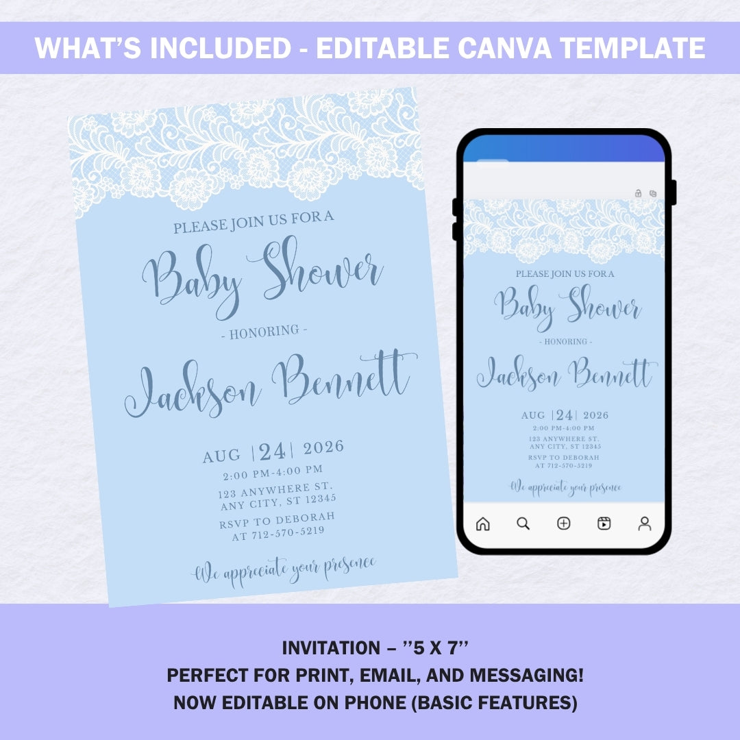 Elegant Blue Lace Baby Shower Invitation Template, Baby Boy Shower Invite, Editable Canva Digital Download