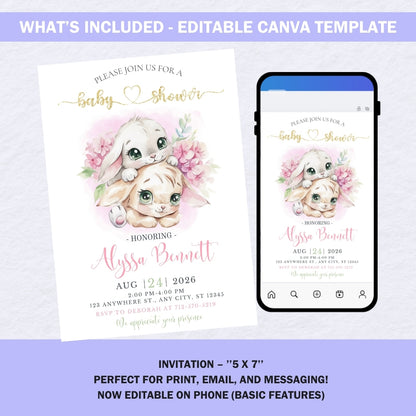 A high-quality display of the floral bunny invitation on a wooden table with spring blossoms.