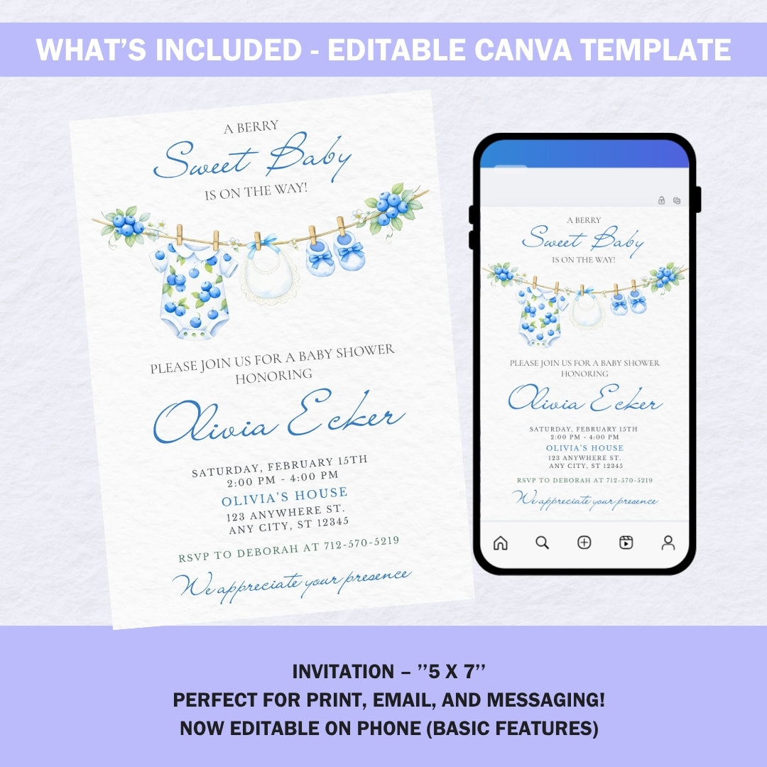 Blueberry clothesline baby shower invitation displayed on a laptop, tablet, and smartphone showing it is editable online.