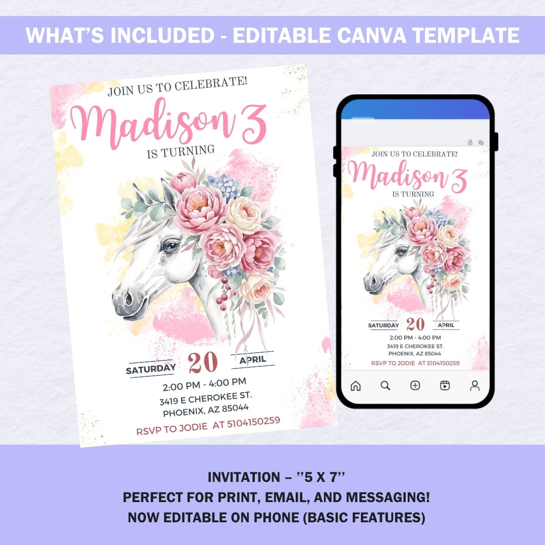 Editable Horse Birthday Invitation – Floral Pony Party Template – Girl’s Birthday Invite – Instant Download – Canva Template