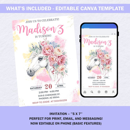 Editable Horse Birthday Invitation – Floral Pony Party Template – Girl’s Birthday Invite – Instant Download – Canva Template
