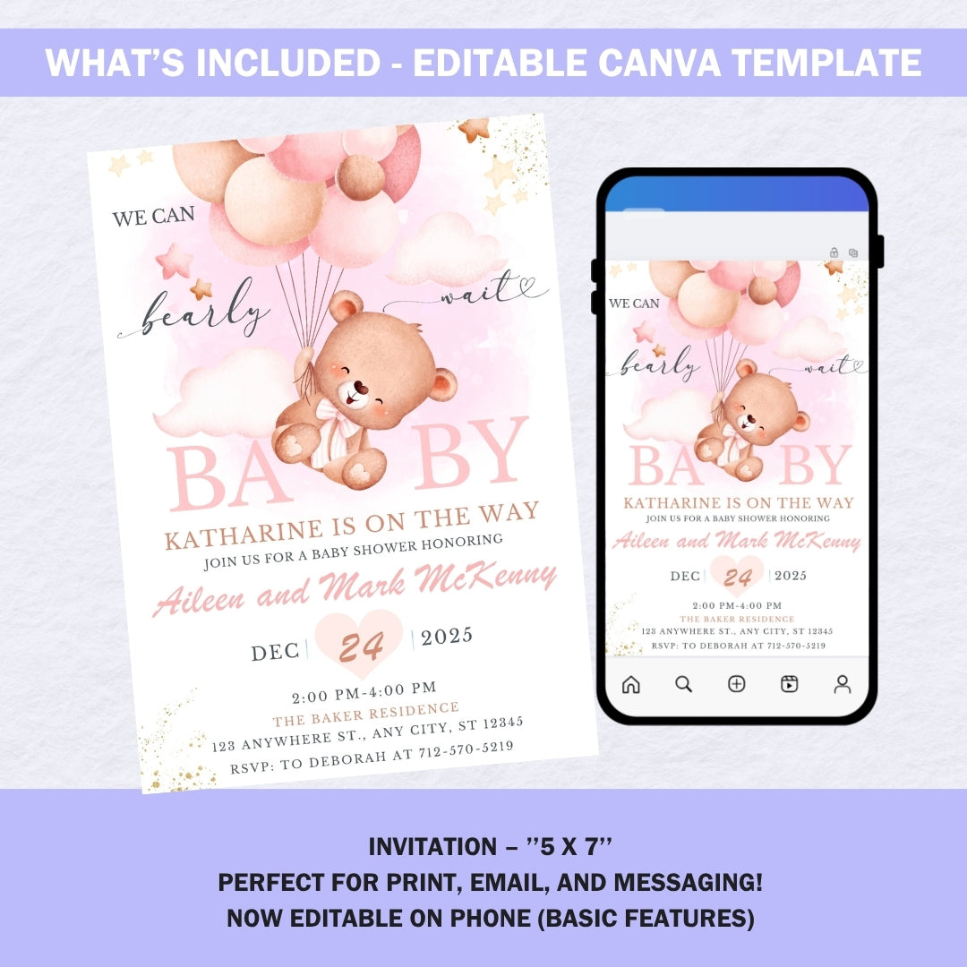 We Can Bearly Wait Baby Shower Invitation Girl, Pink Teddy Bear & Balloons Invite, Editable Canva Template