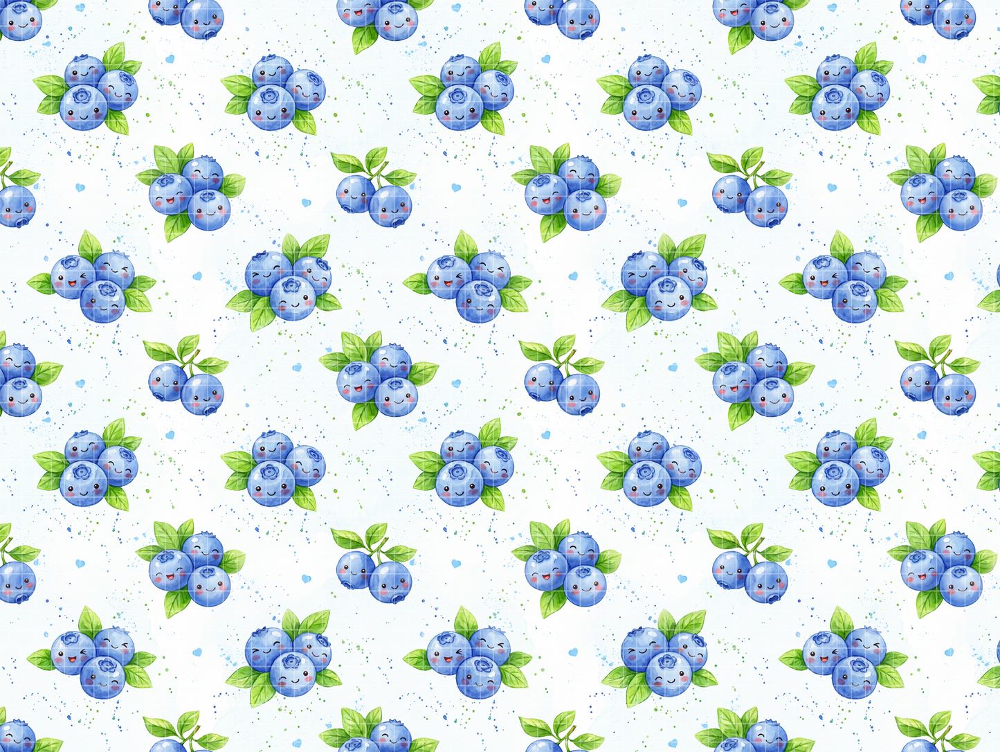 Repeating seamless pattern of cute watercolor kawaii blueberries.