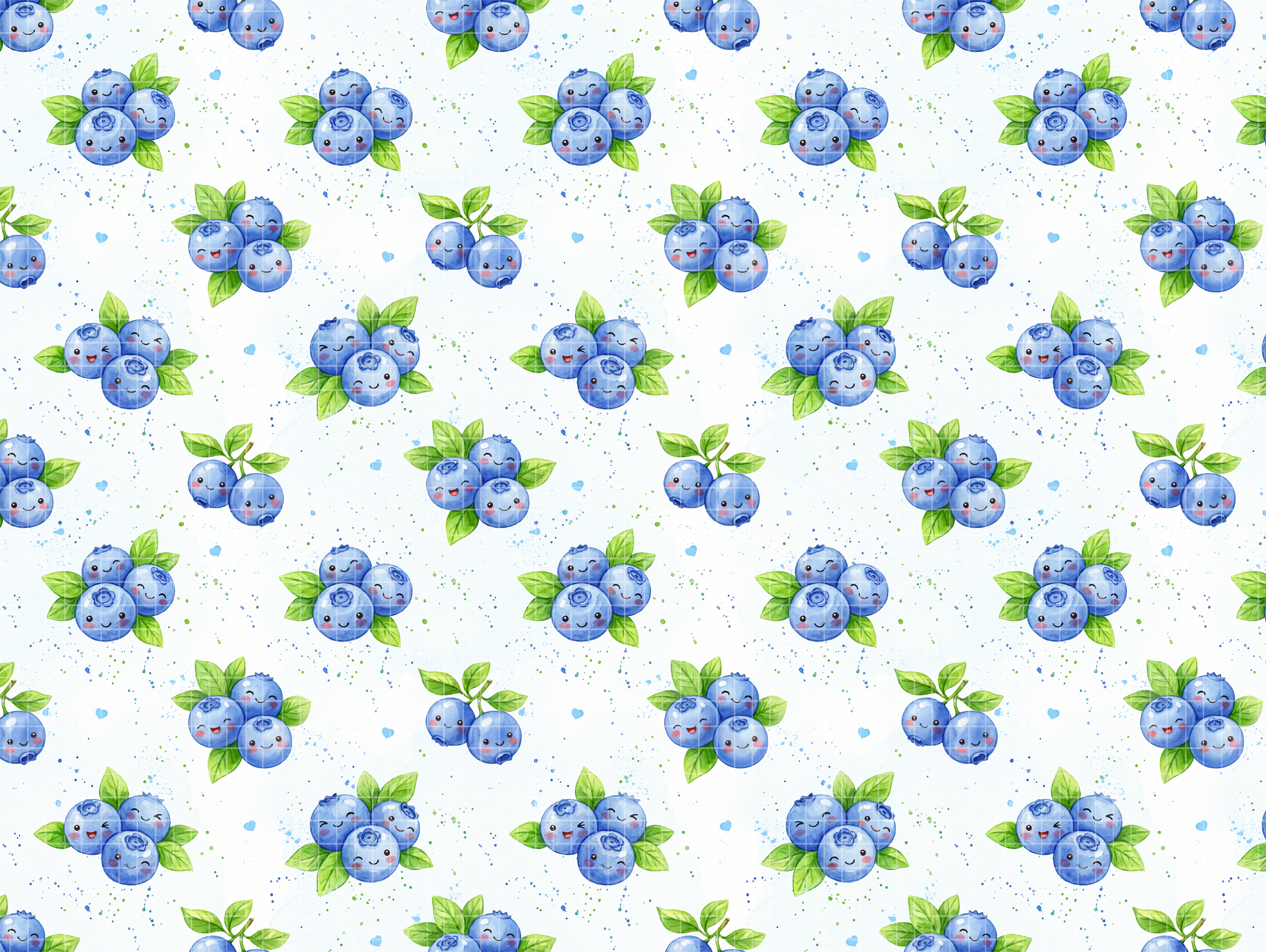 Repeating seamless pattern of cute watercolor kawaii blueberries.