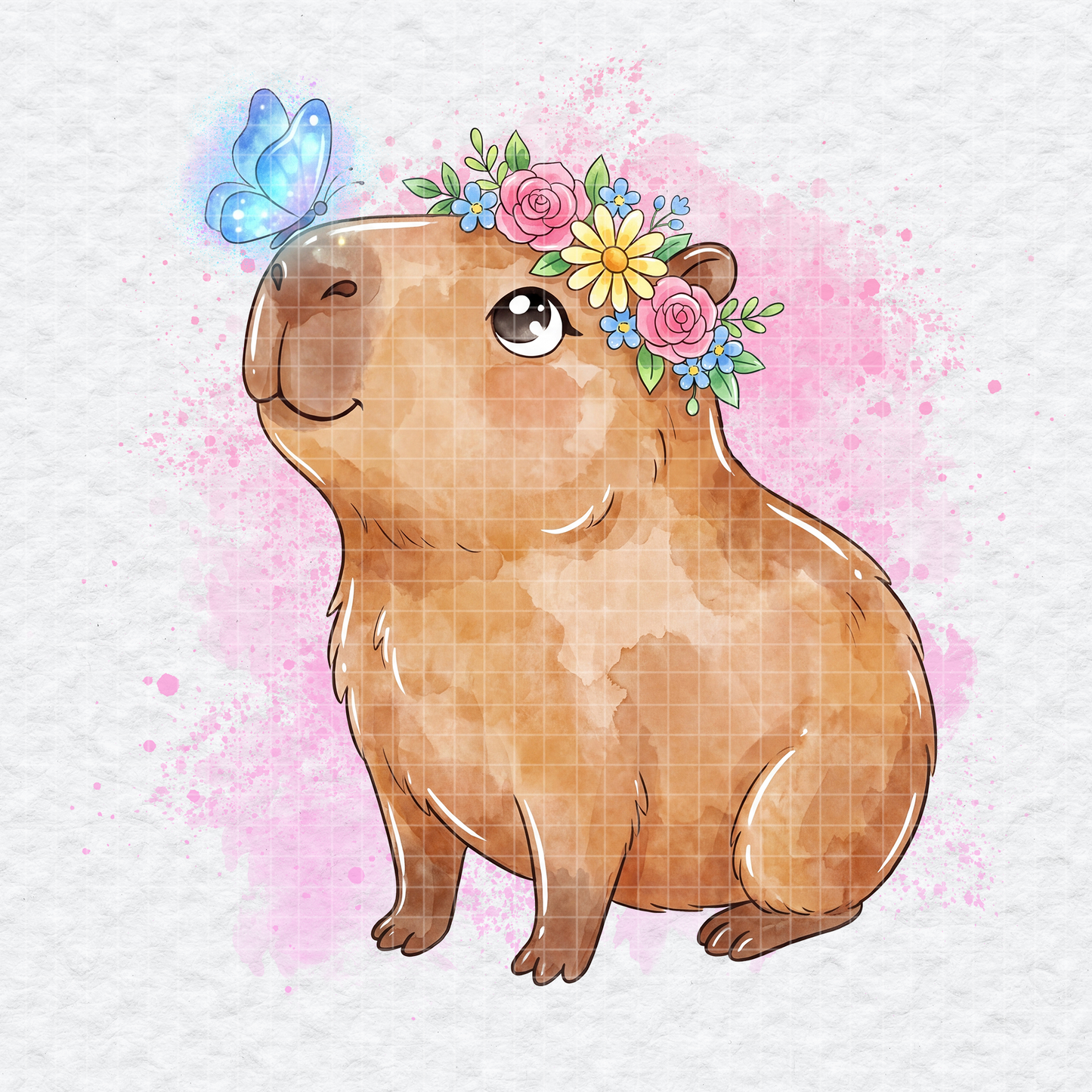 Watercolor illustration of a cute capybara wearing a floral crown with a blue butterfly on its nose.