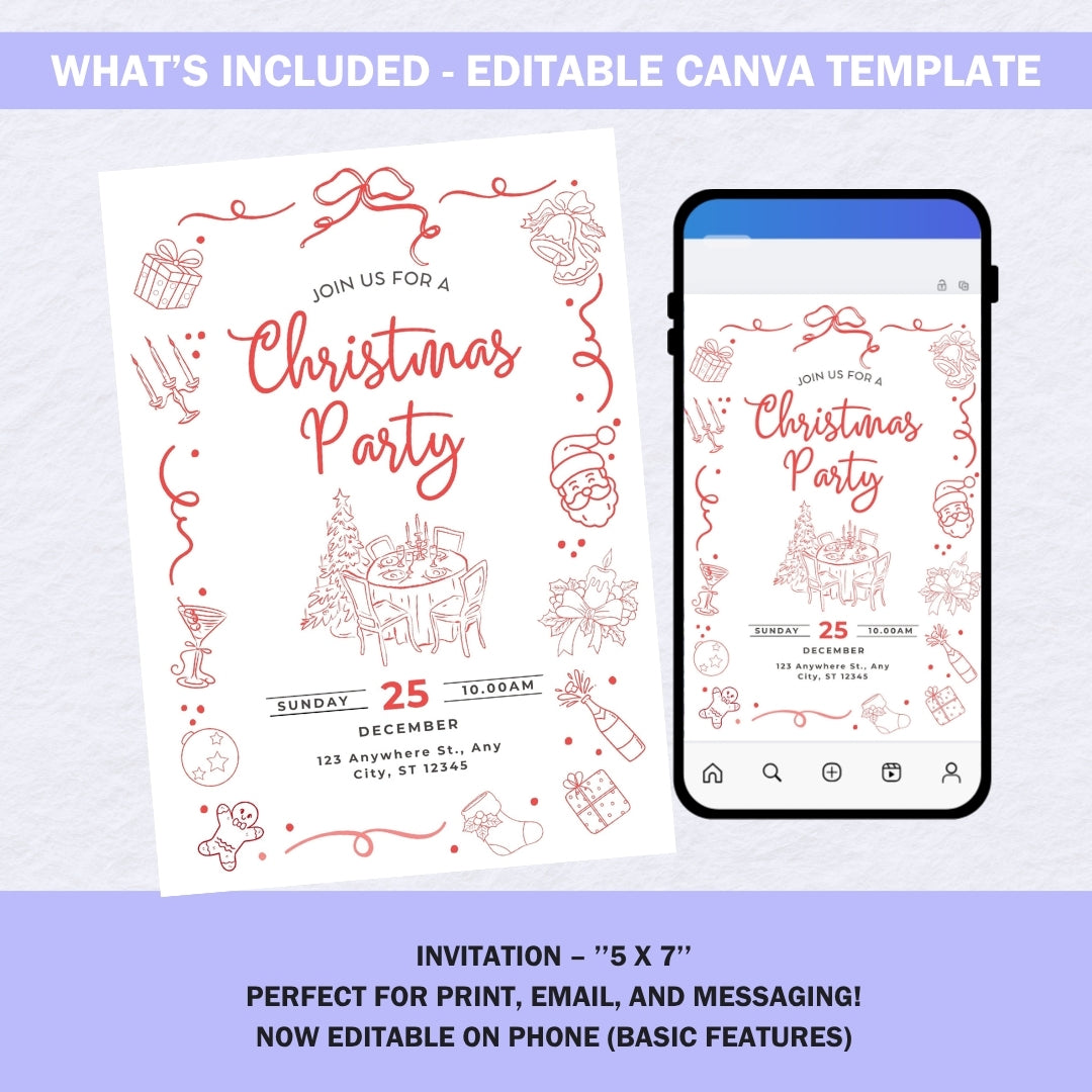 Christmas Party Invitation | Editable Canva Template | Holiday Event Printable
