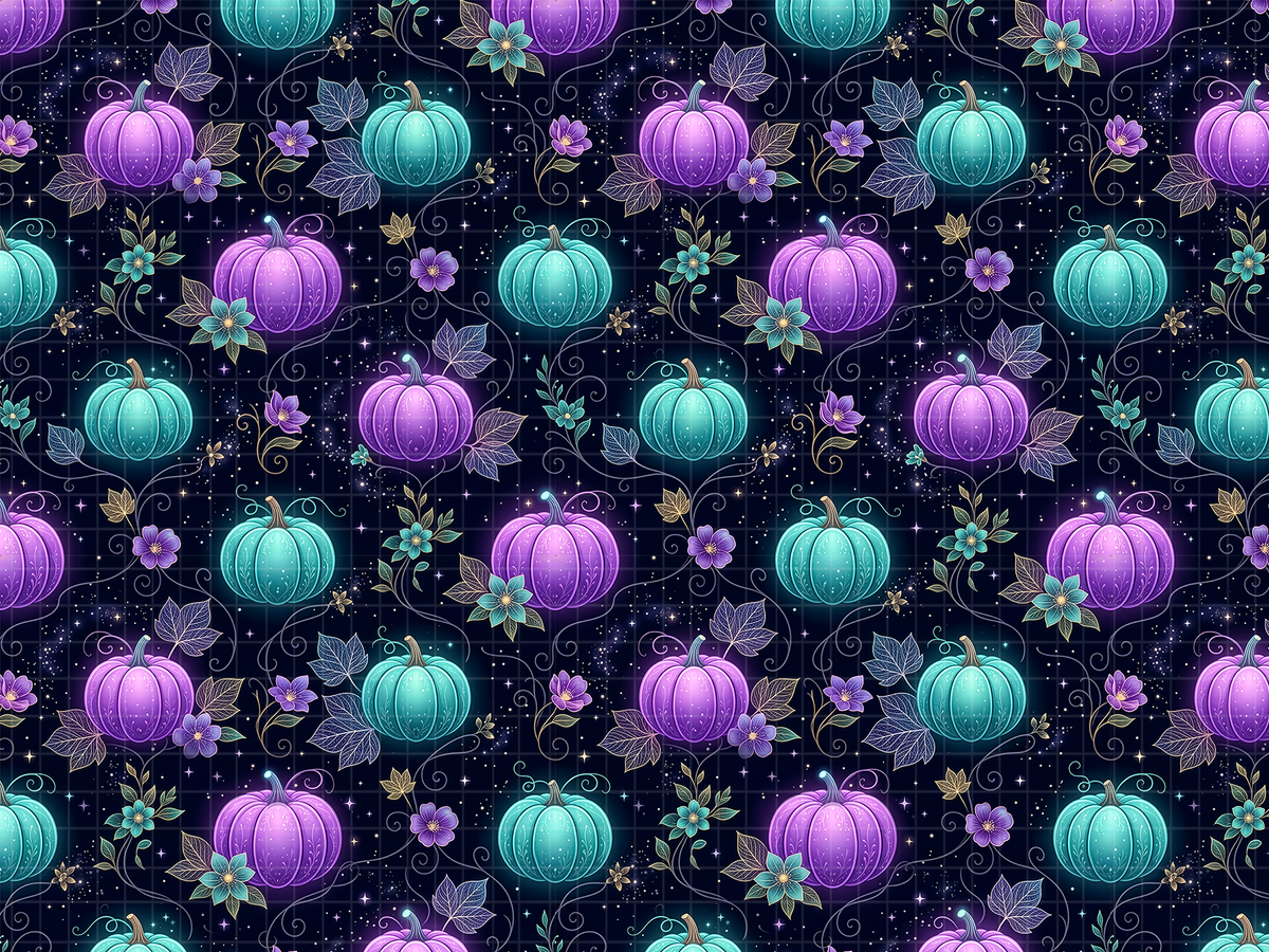  Seamless digital pattern design featuring glowing neon teal and purple pumpkins, celestial stars, and vines on a dark night background.