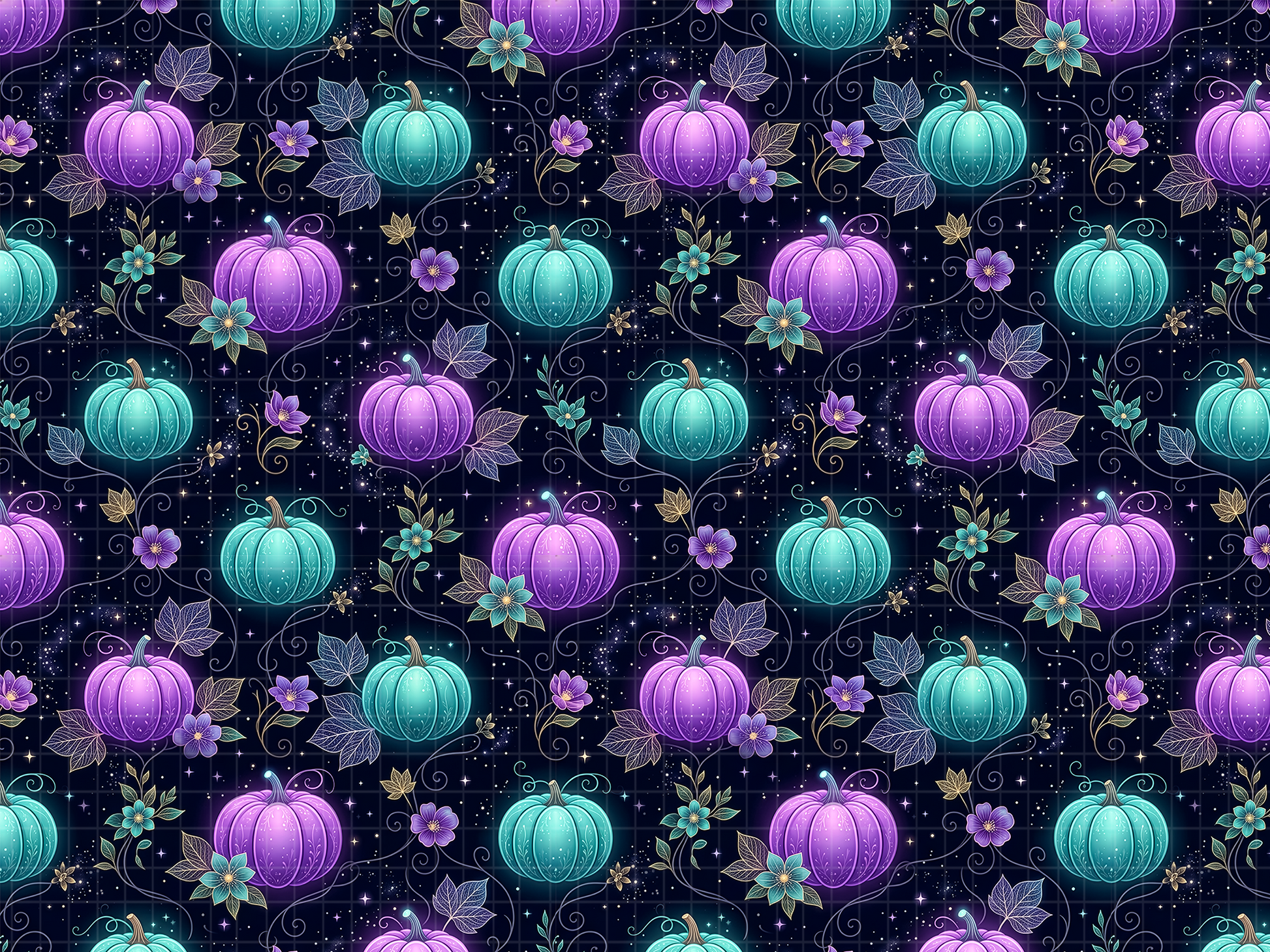  Seamless digital pattern design featuring glowing neon teal and purple pumpkins, celestial stars, and vines on a dark night background.