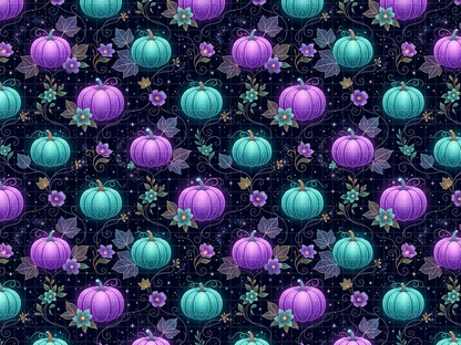  Seamless digital pattern design featuring glowing neon teal and purple pumpkins, celestial stars, and vines on a dark night background.