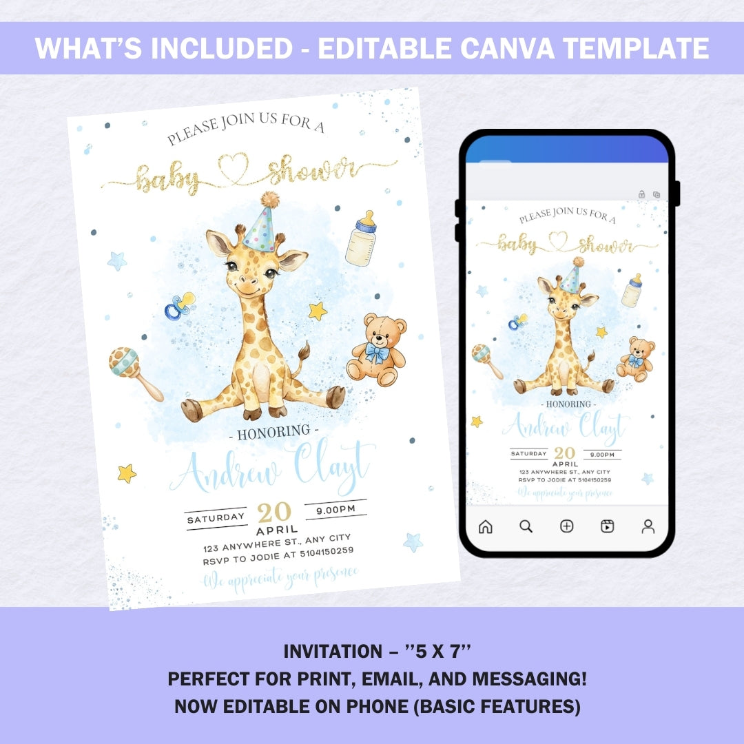 Graphic showing the "Andrew Clayt" giraffe invitation is editable on mobile and computer via the Canva app.