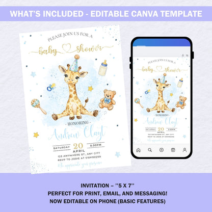 Graphic showing the "Andrew Clayt" giraffe invitation is editable on mobile and computer via the Canva app.