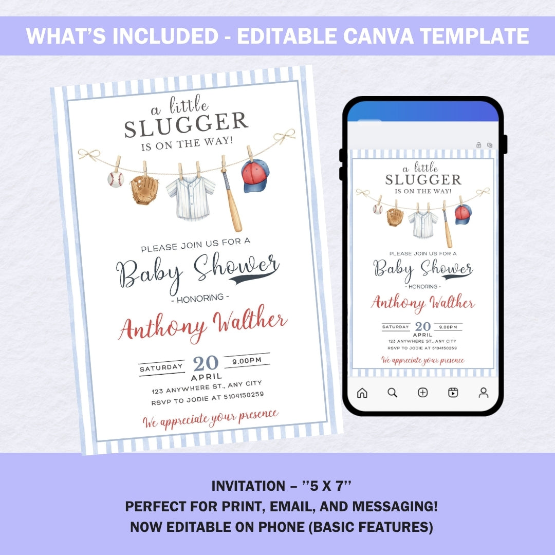 Little Slugger Baseball Baby Shower Invitation, Editable Canva Template, Boy Baby Shower Invite