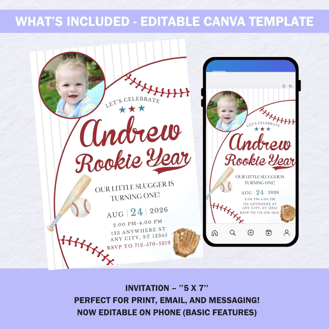 Baseball 1st Birthday Invitation Template, Rookie Year Photo Invite, Little Slugger Boy First Birthday Editable Download