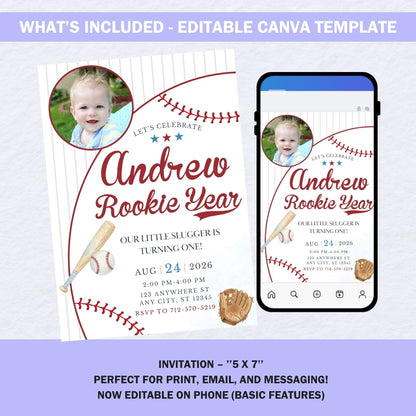Baseball 1st Birthday Invitation Template, Rookie Year Photo Invite, Little Slugger Boy First Birthday Editable Download