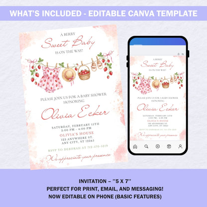 Preview showing both the printable 5x7 inch and mobile smartphone versions of the editable berry sweet baby shower invitation.
